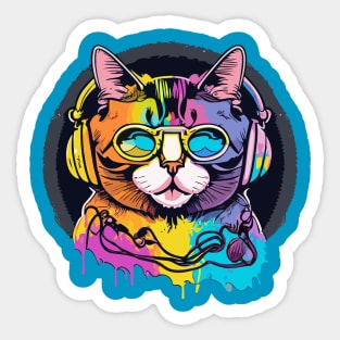 t-shirt design, colorful cat with headphones on, graffiti art psychedelic art, black background, synthwave, colorful Sticker